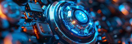 A closeup of a futuristic circuit board with a glowing blue core represents innovation and high techの写真素材