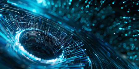 A mesmerizing abstract representation of a futuristic data network, glowing with dazzling blue...