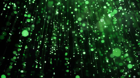 Abstract green sparkling background with glowing light dots, perfect for festive and digital designs.の写真素材