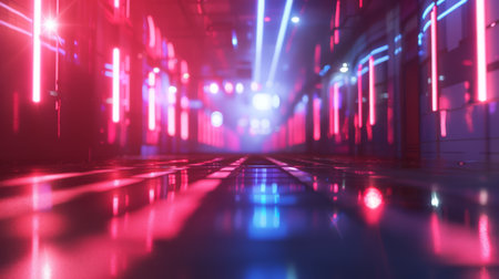 A vibrant, futuristic corridor illuminated by neon lights, showcasing a cyberpunk aesthetic with reflections.の写真素材