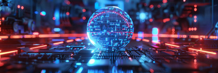 A futuristic, glowing sphere in a high-tech circuit board environment with vibrant blue and red lights.の写真素材