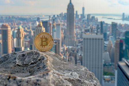 Golden Bitcoin coin displayed against the backdrop of the New York City skyline in the morning light.の写真素材