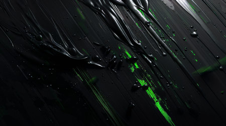 The dark abstract texture features green streaks, fluid movement, and a striking visual impact on a glossy surfaceの写真素材