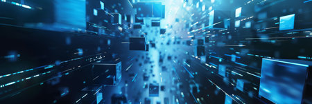 Dynamic digital matrix of floating blue data cubes in a hightech futuristic space creates a scifi...
