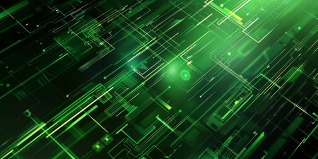 Abstract green digital lines and circuits creating a futuristic and high-tech background illustration.の写真素材