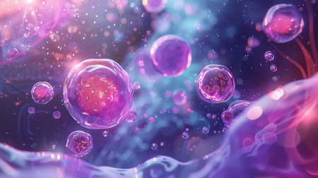 A vibrant digital illustration showcasing abstract cellular structures representing biotechnology...