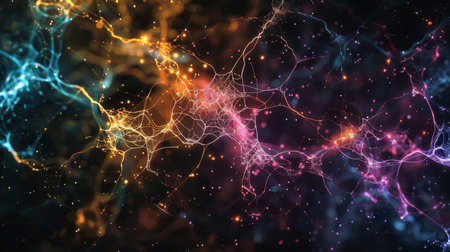 An artistic portrayal of dynamic neural networks resembling cosmic interactions and energetic...