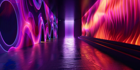 The futurisminspired hallway glows with radiant neon lights, abstract swirls and waves in vivid...