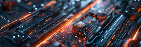 Hightech circuit board with glowing pathways and futuristic electronic components, showcasing...