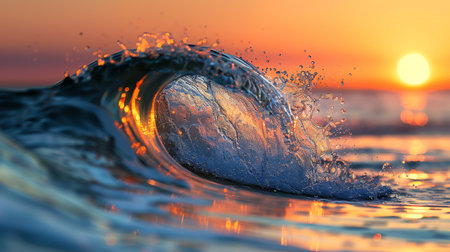 Capturing ocean waves at sunrise, reflecting sunlight on a serene beach, offering a peaceful...