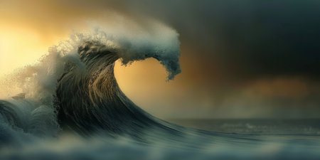 A captivating ocean wave, in the evening light, surrounded by storm clouds, creates a dramatic and...