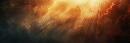 Stunning image of dramatic sun rays breaking through thick clouds, creating a breathtaking and...