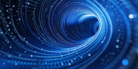 Abstract blue data tunnel with spiraling lines and glowing points representing digital connectivity.