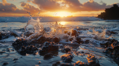 A dynamic sunset scene shows waves crashing against rocks on the shoreline, capturing the power of...
