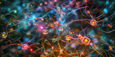 Neural network connections shown with bright colors and glowing synapses in a futuristic artistic styleの写真素材
