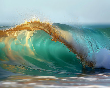 Beautiful turquoise wave crashing with sunlight glowing at golden hour, creating a stunning ocean...