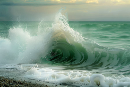 Dramatic ocean wave crashing on sandy shore during golden sunset, with foamy water splashing...