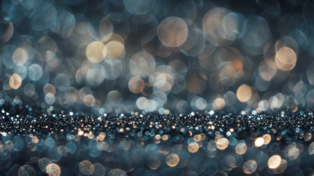 A mesmerizing abstract bokeh light background with glittering and blurred sparkles in blue and gold tones.の写真素材