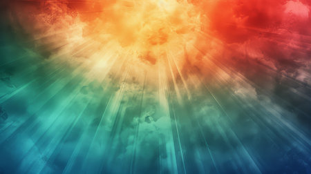 An abstract image depicts radiant light burst with rainbow hues and clouds in a dreamy, artistic...