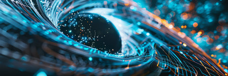 Mesmerizing digital vortex with swirling blue and orange lights; a dive into a futuristic cyber world.の写真素材