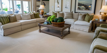 Sophisticated living room with beige sofas, cozy ambiance, tasteful decor, creating warm and...