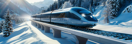 A modern high-speed train travels through a scenic snowy mountain pass, blending technology with...