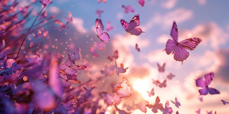 Colorful butterflies gracefully fluttering in a stunningly vibrant sunset over a beautiful floral paradiseの素材