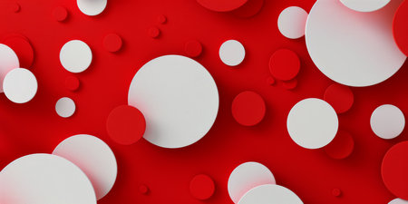 A vibrant composition of red and white circles forms a modern abstract background that captures attentionの素材