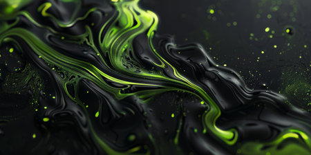 Abstract fluid motion artwork with vibrant green and black swirls, perfect for modern designs and backdrops.の素材