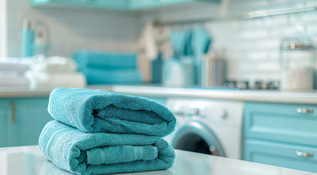 Vibrant turquoise towels are beautifully arranged in a chic and stylish laundry space that feels welcomingの素材