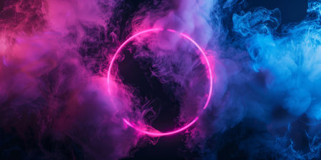 This is a stunning and captivating blend of pink and blue smoke, featuring a glowing circular shape right in the centerの素材
