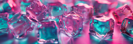 Vibrantly illuminated ice cubes, showcasing a delightful and playful mix of various colors and reflectionsの素材