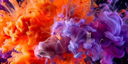 A breathtaking and stunning mixture of vibrant orange and deep purple hues creating an abstract, fluid art lookの素材
