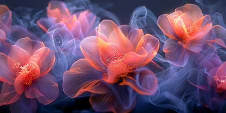 Stunning flowers beautifully enveloped in vibrant and colorful smoke create an enchanting and magical atmosphereの素材