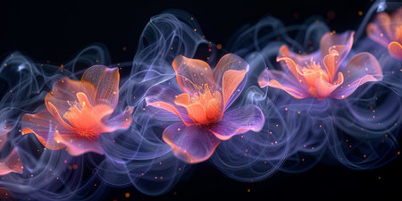 Stunning and beautiful flowers intertwined with soft, colorful smoke, creating a truly mesmerizing visual effectの素材