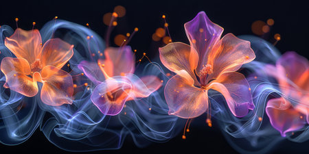 An enchanting and captivating abstract design that showcases vibrant orchids intertwined with flowing lightsの素材