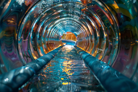 A visually stunning view of a vibrant water slide tunnel featuring flowing water and colorful reflections all aroundの素材