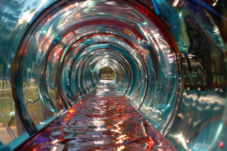 A vibrant and colorful water slide tunnel, overflowing with sparkling water, perfect for exciting fun in water parksの素材