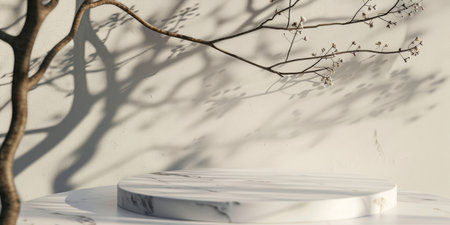 A striking marble podium contrasts with a sleek wall, enhanced by soft shadows from a nearby tree branch, adding depth and dimension, making the scene visually appealing and captivatingの素材