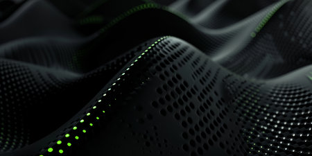 Digital abstract wave with green lights, dots, and a futuristic look portrays dynamic and innovative designの素材