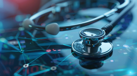 A stethoscope rests on a digital interface, symbolizing the evolution of modern healthcare technologyの素材