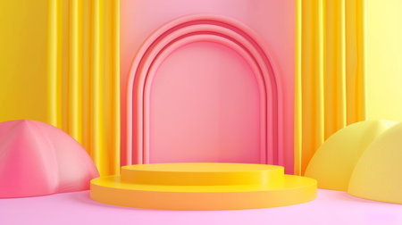 The colorful podium boasts stunning arches, intricate circles, and vibrant hues such as lively pink and sunny yellow, making it an ideal choice for artistic displays and a variety of eventsの素材