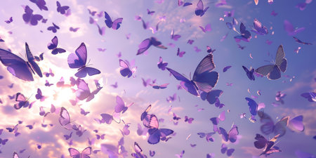 A whimsical scene filled with vibrant butterflies dancing and fluttering elegantly in a serene lavender sky aboveの素材