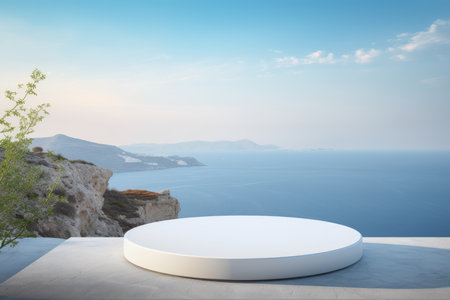A minimalist white circular podium elegantly positioned against a breathtaking coastal backdrop, inviting a sense of inspiration, beauty, and tranquility for all who visit this stunning locationの素材