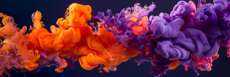 A stunning visual featuring a vibrant blend of orange and purple smoke swirling beautifully against a dark backdropの素材