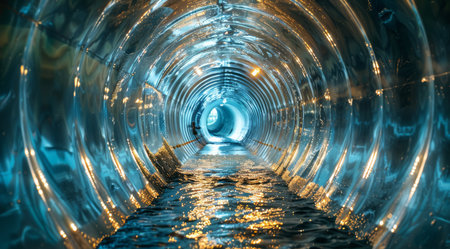 An enchanting and mesmerizing view of a clear water slide tunnel, brilliantly illuminated with dynamic lighting effectsの素材
