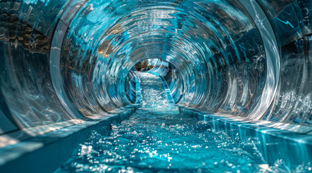 Experience a thrilling view of an exceptionally bright, transparent water slide filled with vibrant blue waterの素材