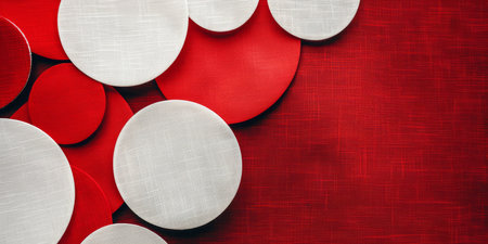 This artistic composition beautifully showcases red and white circles arranged on a textured and captivating backdropの素材