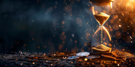 An artistic hourglass with gently flowing sand, beautifully surrounded by gleaming coins, powerfully evokes and represents profound concepts of time, wealth, and the elusive nature of eternityの素材