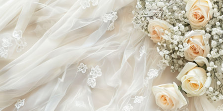 A beautifully delicate bridal dress is elegantly laid beside soft pastel roses, ideal for various wedding themesの素材